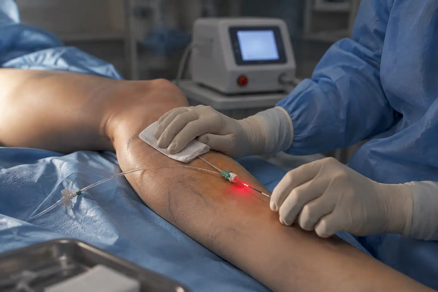 EVLA laser treatment for varicose veins with catheter and laser fiber