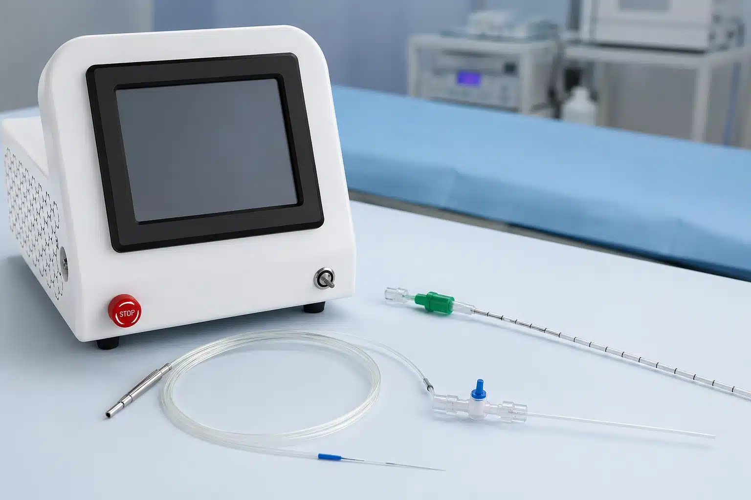 EVLT laser machine with radial fiber and introducer catheter for sample testing