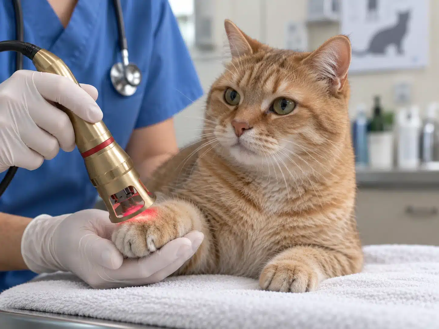 Veterinary laser therapy treatment on a cat’s paw