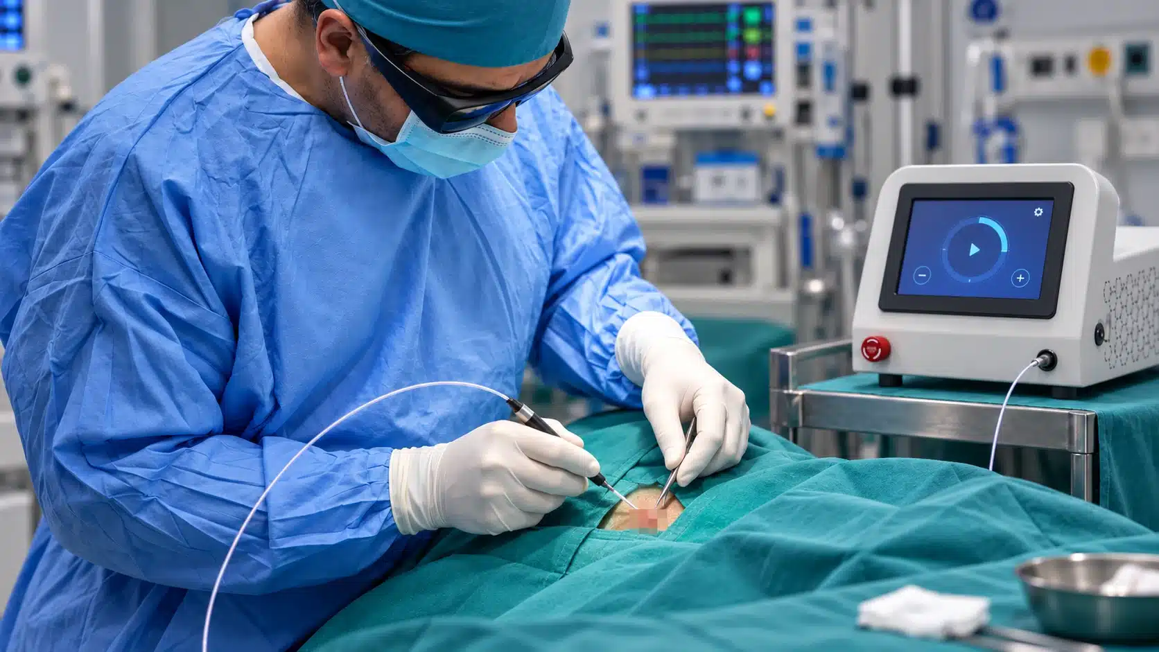 Illustrative anal fistula laser procedure using a diode laser fiber in an operating room