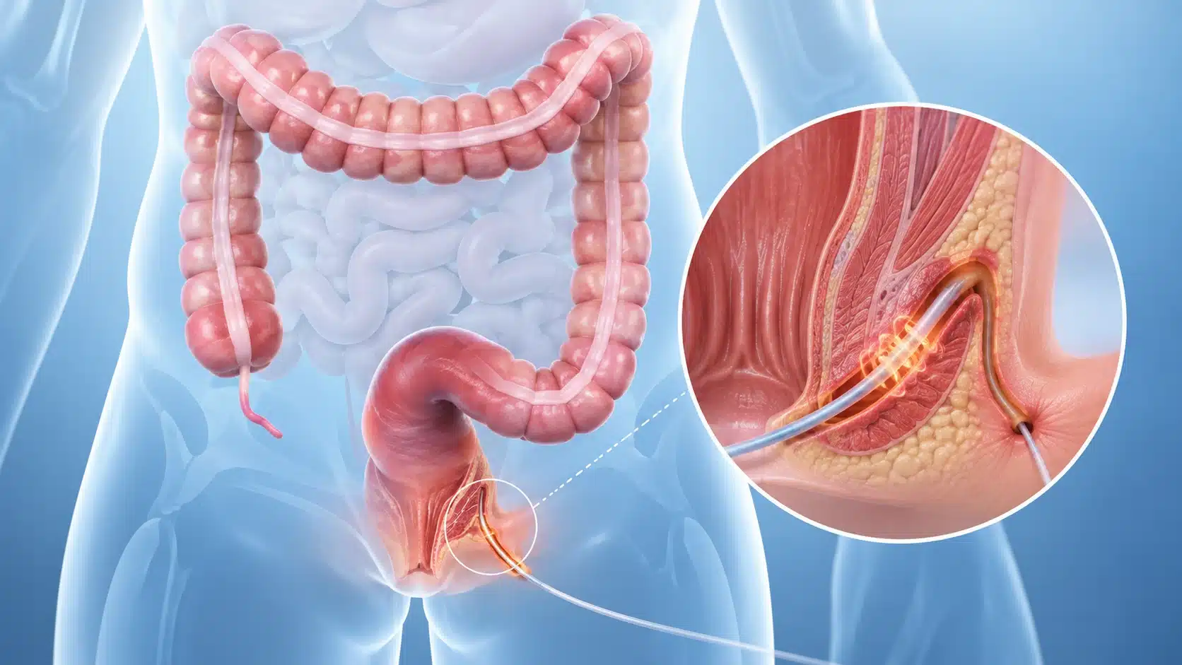 Medical illustration of a radial fiber delivering laser energy along an anal fistula tract