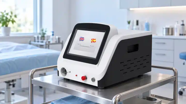A medical diode laser device sits on a stainless-steel trolley in a treatment room.