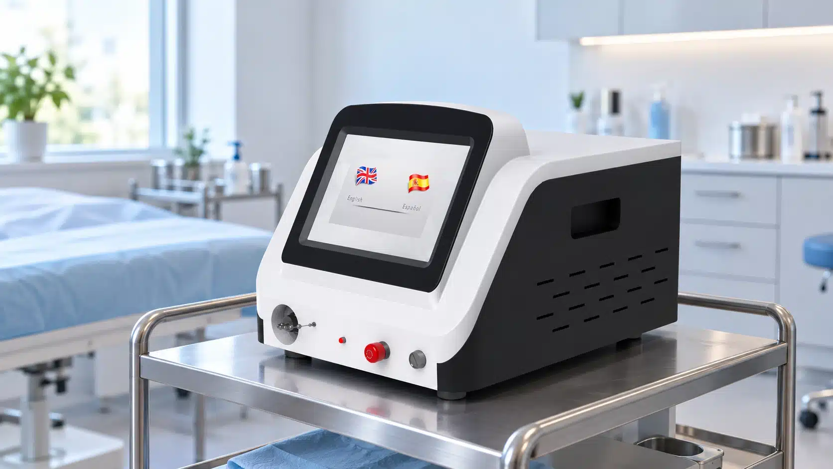 A medical diode laser device sits on a stainless-steel trolley in a treatment room.