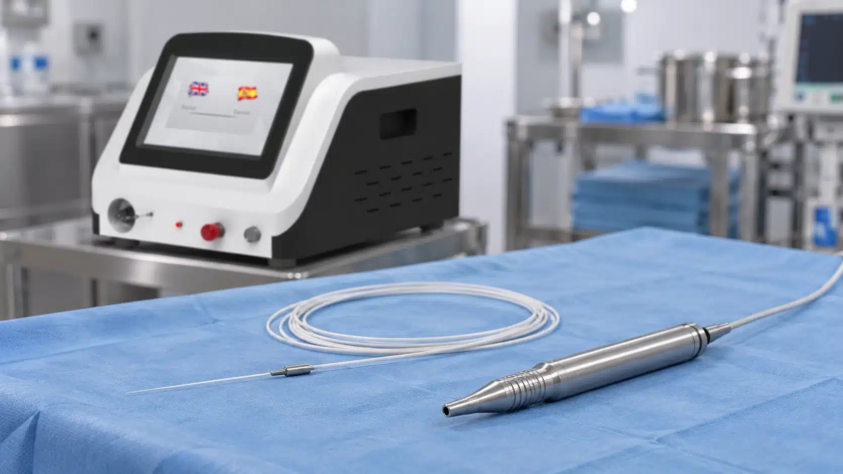 A metal laser handpiece and thin fiber are arranged on a blue surgical drape, with the laser system in the background.