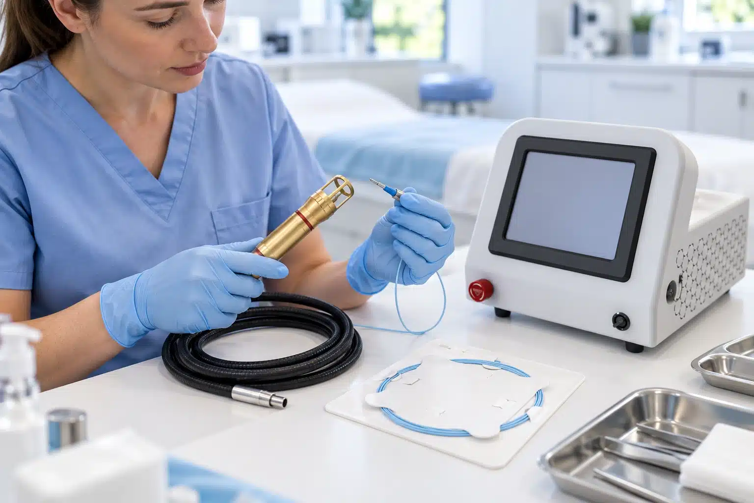 Clinician inspecting a laser fiber connector and gold handpiece beside a tabletop laser unit.