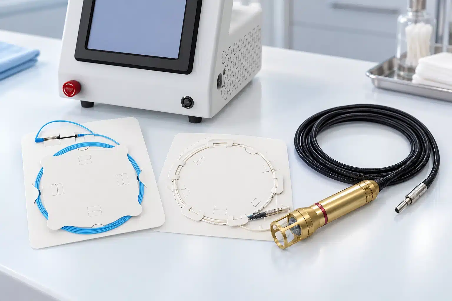 Blue and white laser fibers on mounting cards beside a gold handpiece, coiled cable and tabletop laser unit.