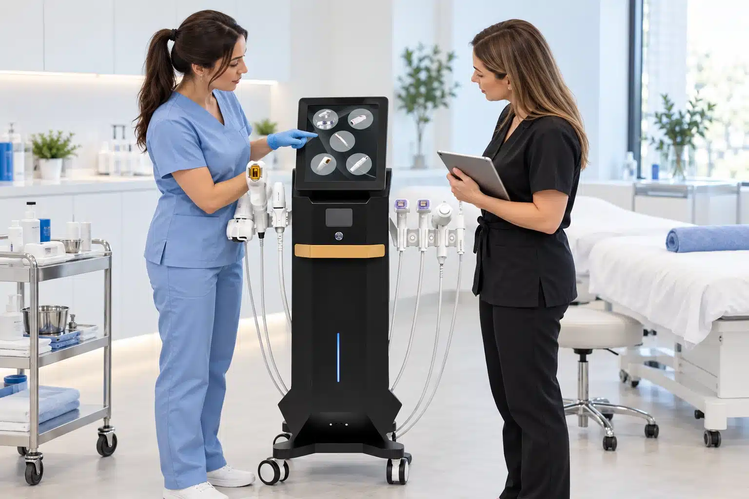 Two clinic staff reviewing a 7-in-1 aesthetic platform and its treatment handpieces in a treatment room.