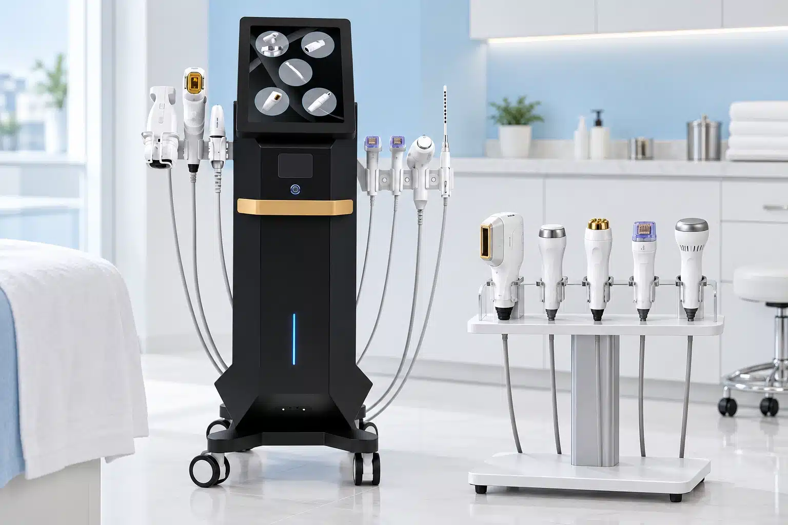 7-in-1 aesthetic platform with treatment handpieces mounted on the console and displayed on an accessory stand.