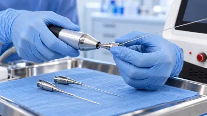 Gloved hands connect a thin treatment fiber to a metal laser handpiece beside a medical laser console, with additional probes arranged on a sterile drape.