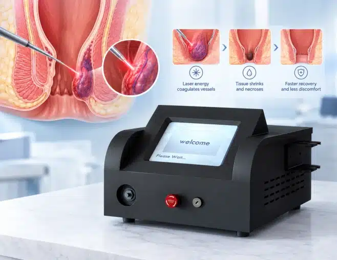 A medical illustration shows a laser probe aimed at hemorrhoidal tissue, three panels depicting treatment stages, and a laser console; labels describe coagulation, tissue changes, and recovery.