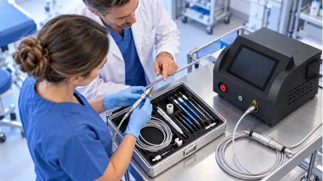 Two clinicians inspect a laser handpiece and fiber kit beside a console in a clinical workspace, with probes and cables arranged in a tray.