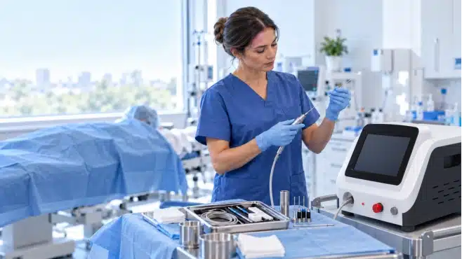 A clinician in blue scrubs prepares a slender laser fiber beside a medical laser console in a procedure room, with a covered patient in the background.