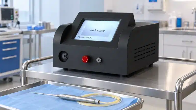 A laser console and fiber handpiece are arranged on a clinical trolley in a treatment room.
