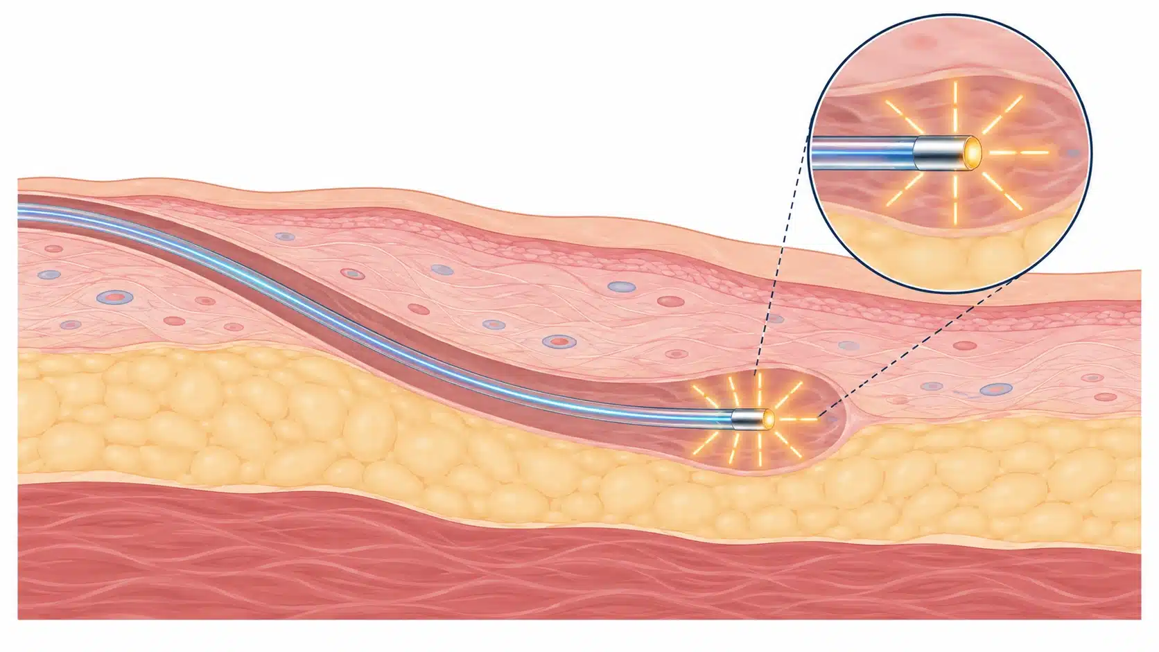 A medical cross-section shows a laser fiber inserted into a tract beneath the skin, with an inset highlighting energy at the fiber tip.